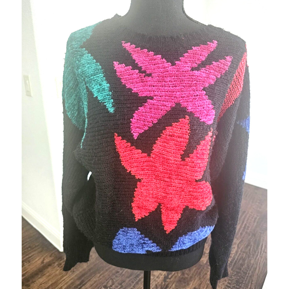 Vintage Joyce Black Knit Sweater Multicolor Leaves Size Medium Women's
